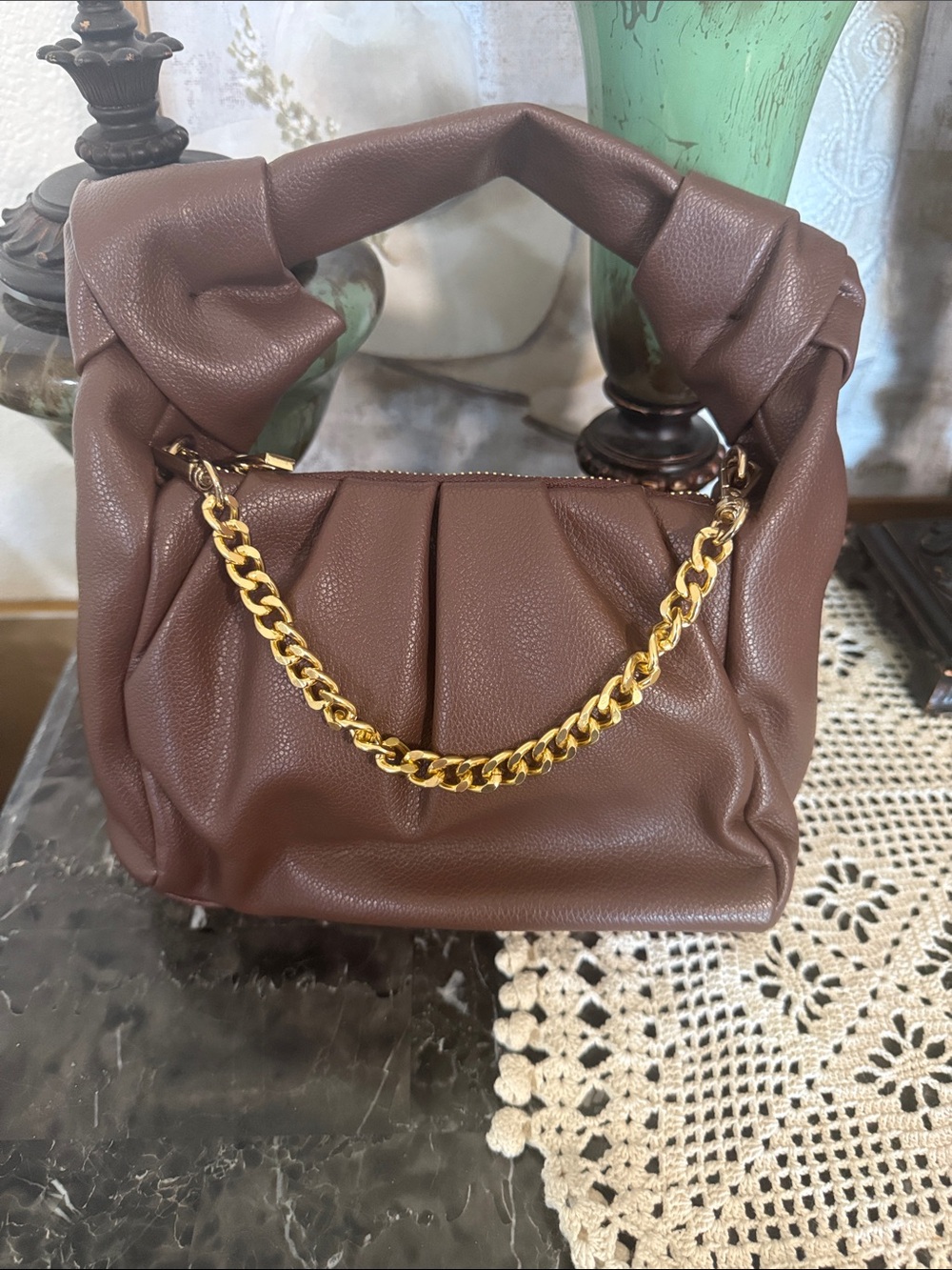 Forever 21 Chocolate Brown Faux Leather Shoulder Bag with Gold Chain